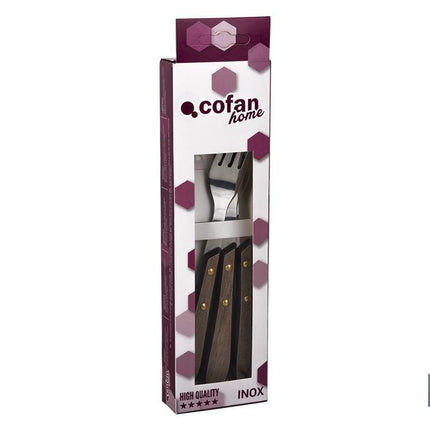 Pack de 3 tenedores chuleteros o de mesa | Con 4 púas | Mango con efecto madera de Nogal