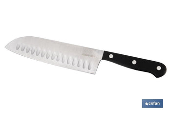 Cuchillo Santoku | Modelo Saffron | Medida de 17,5 cm | Hoja de Acero Inox | Mango de Polioximetileno | Color Negro