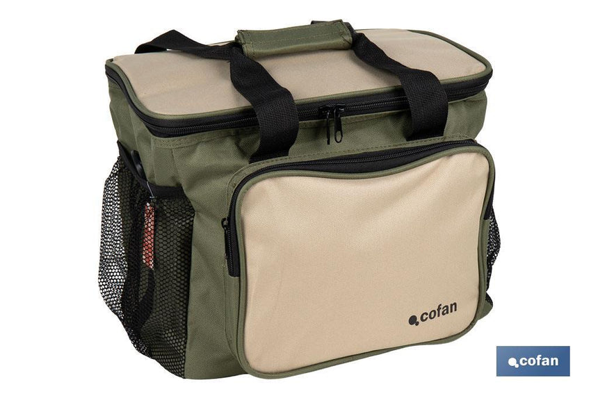 Nevera portátil porta alimentos | Bolsa isotérmica con correa ajustable | Color: verde y beige | Medidas: 35 x 25 x 27,5 cm