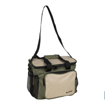 Nevera portátil porta alimentos | Bolsa isotérmica con correa ajustable | Color: verde y beige | Medidas: 35 x 25 x 27,5 cm