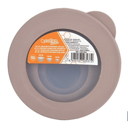 Set de 3 recipientes redondos con tapa | Capacidad: 100 ml, 250 ml, 500 ml | Material: PP + TPE | Colores aleatorios gris, marrón o blanco