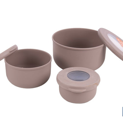 Set de 3 recipientes redondos con tapa | Capacidad: 100 ml, 250 ml, 500 ml | Material: PP + TPE | Colores aleatorios gris, marrón o blanco