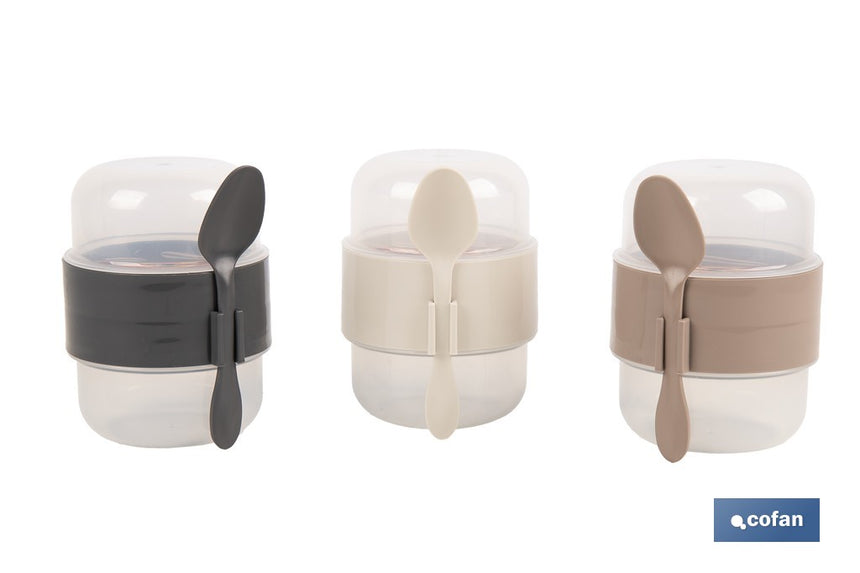 Set de 3 recipientes para cereales con tapa, cuchara y compartimento interior | Capacidad 200 ml + 200 ml | Colores aleatorios: beige, gris y marrón