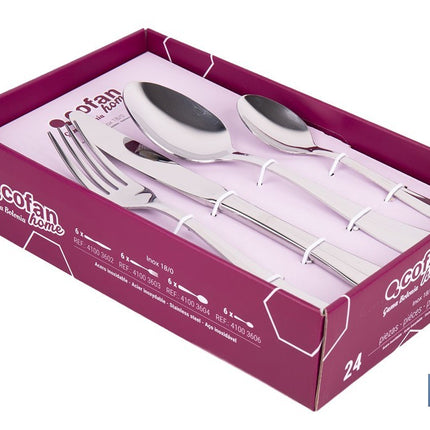 Cubertería de Acero Inoxidable | Modelo Bolonia | Juego de 24 pcs | C-18/0 | Incluye caja de diseño y gran calidad