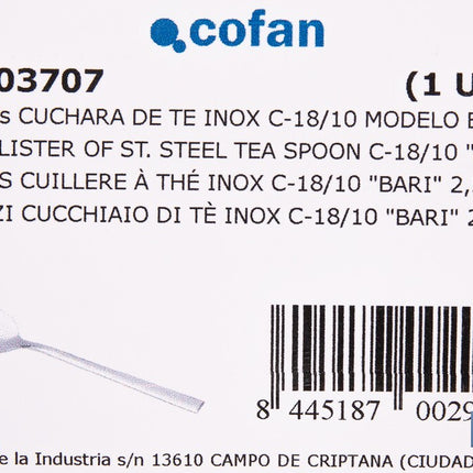 Cuchara de Té | Modelo Bari | Fabricado en Acero Inox 18/0 | Blíster de 3 Unidades