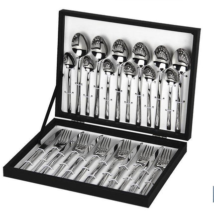 Cubertería | Modelo Bari | Fabricado en Acero Inox 18/0 | Juego de 24 pcs | Incluye estuche negro de madera