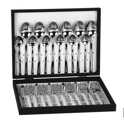 Cubertería | Modelo Bari | Fabricado en Acero Inox 18/0 | Juego de 24 pcs | Incluye estuche negro de madera
