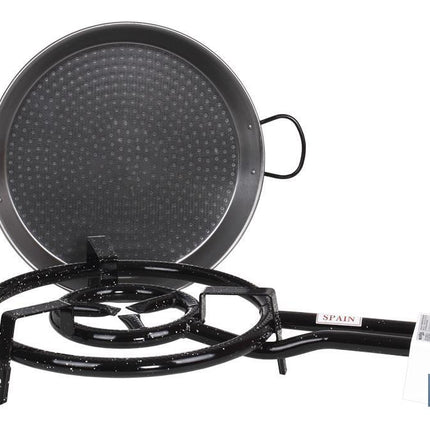 Kit paellera: paellera de acero pulido de 2 asas + quemador de gas con 2 fuegos individuales
