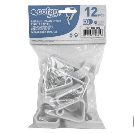 Pack de 12 Pinzas para sujetar manteles | Fabricadas en PVC blanco | Clips sujetamanteles flexibles y resistentes