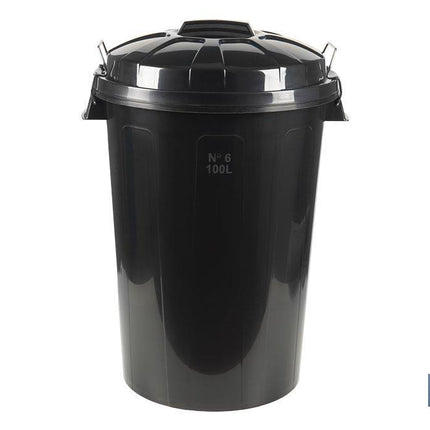 Cubo de basura con tapa y asas metálicas | Capacidad: 100 litros | Material: polipropileno | Color: negro