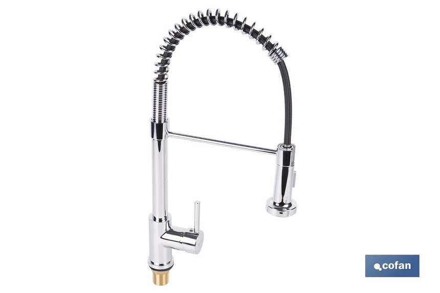Grifo de cocina monomando con rociador | Caño giratorio 360° | Cuerpo de latón | Medidas: ø5 x 48 x 22 cm | Disponible en acabado cromado
