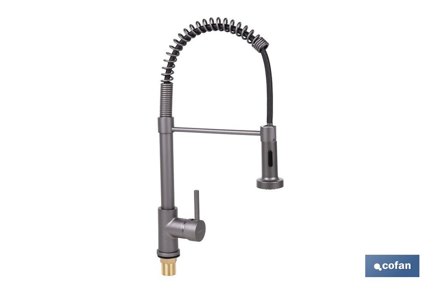 Grifo de cocina monomando con rociador | Caño giratorio 360° | Cuerpo de latón | Medidas: ø5 x 48 x 22 cm | Disponible en gris antracita metalizado