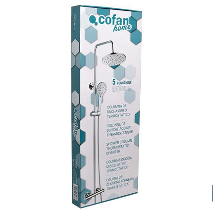 Columna de Ducha Redonda | Grifo Termostático con 5 Funciones | Mango + Flexo + Barra Deslizante + Rociador + Jabonera