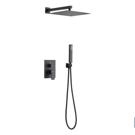 Conjunto de ducha empotrada en color negro | Ducha monomando 2 vías | Instalación en la pared | Diseño cuadrado | Rociador con 2 funciones | Disponible en acabado negro mate