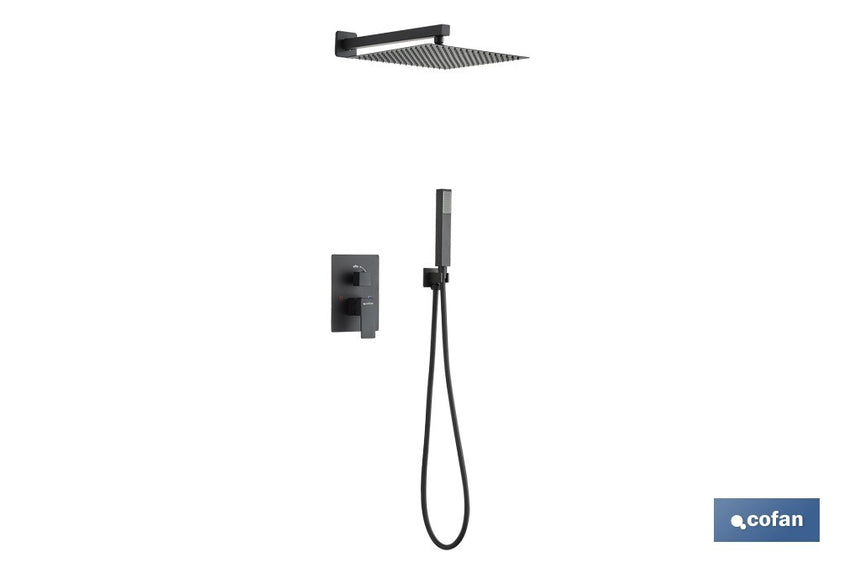 Conjunto de ducha empotrada en color negro | Ducha monomando 2 vías | Instalación en la pared | Diseño cuadrado | Rociador con 2 funciones | Disponible en acabado negro mate
