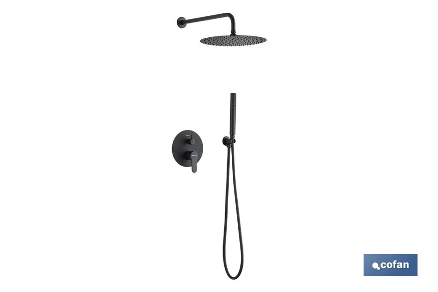 Conjunto de ducha empotrada con diseño redondo y acabado en negro mate | Ducha monomando 2 vías | Instalación en la pared | Rociador con 2 funciones