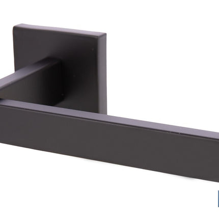 Portarrollos negro mate | Material: acero inoxidable | Diseño cuadrado | Kit de fijación incluido | Medidas: 16 x 8 x 5,5 cm