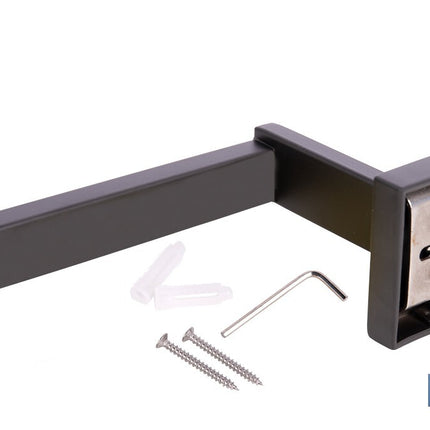 Portarrollos negro mate | Material: acero inoxidable | Diseño cuadrado | Kit de fijación incluido | Medidas: 16 x 8 x 5,5 cm