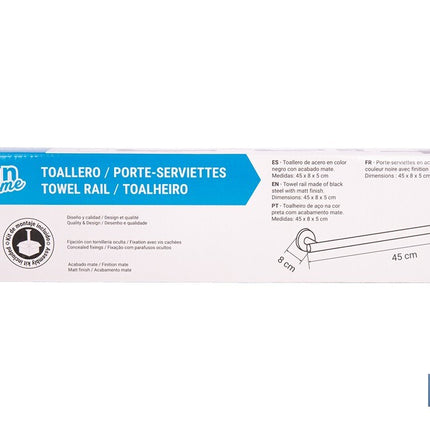 Toallero negro mate | Material: acero inoxidable | Diseño redondo | Kit de fijación incluido | Medidas: 45 x 8 x 5 cm