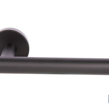 Portarrollos negro mate | Material: acero inoxidable | Diseño redondo | Kit de fijación incluido | Medidas: 16,5 x 8 x 5 cm