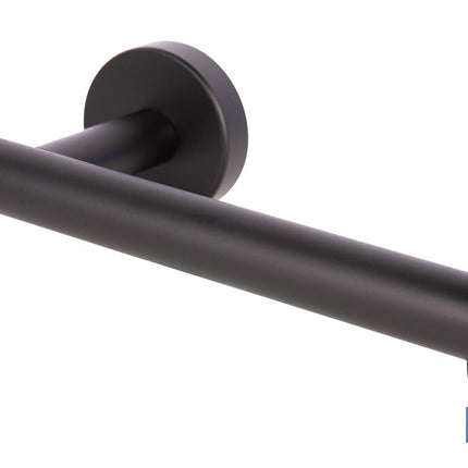 Portarrollos negro mate | Material: acero inoxidable | Diseño redondo | Kit de fijación incluido | Medidas: 16,5 x 8 x 5 cm