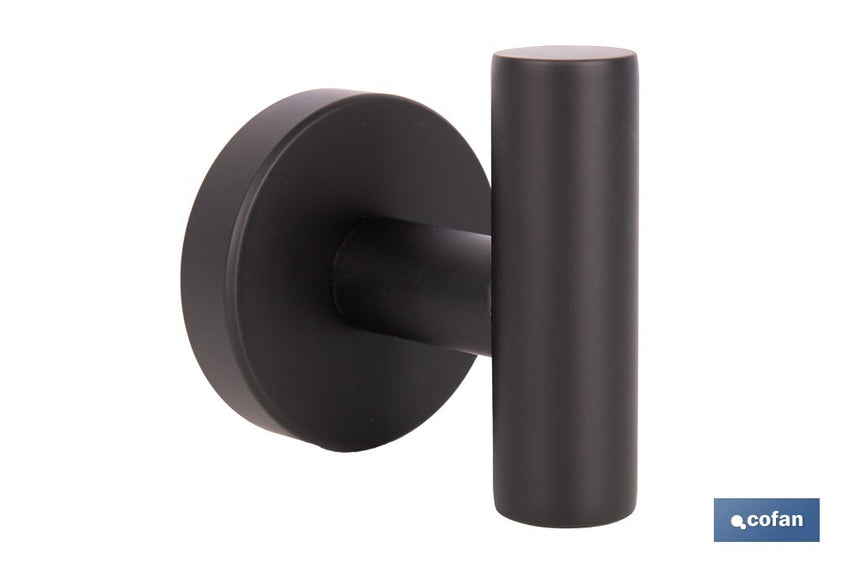 Percha negra mate | Material: acero inoxidable | Diseño redondo | Kit de fijación incluido | Medidas: 5 x 5 x 6 cm