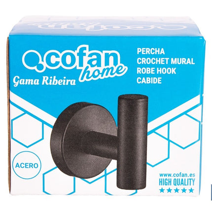 Percha negra mate | Material: acero inoxidable | Diseño redondo | Kit de fijación incluido | Medidas: 5 x 5 x 6 cm