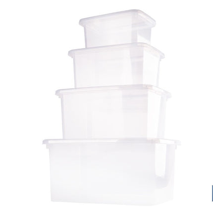 Pack de 4 cajas de almacenaje transparentes con tapa | Capacidades de 4, 8, 15 y 26 litros