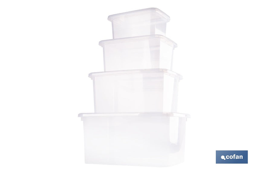 Pack de 4 cajas de almacenaje transparentes con tapa | Capacidades de 4, 8, 15 y 26 litros