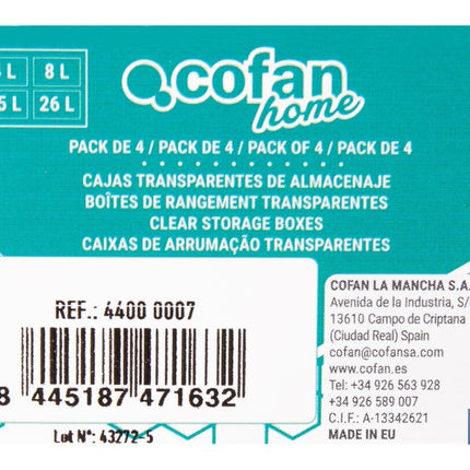 Pack de 4 cajas de almacenaje transparentes con tapa | Capacidades de 4, 8, 15 y 26 litros