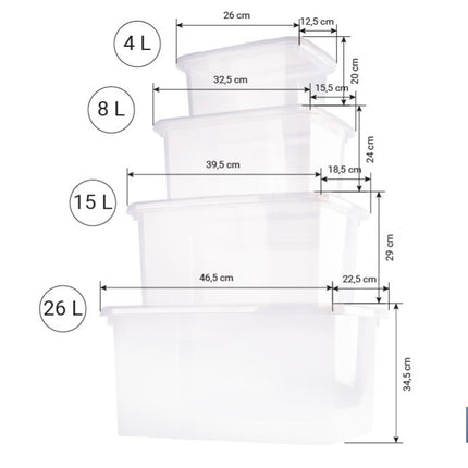 Pack de 4 cajas de almacenaje transparentes con tapa | Capacidades de 4, 8, 15 y 26 litros
