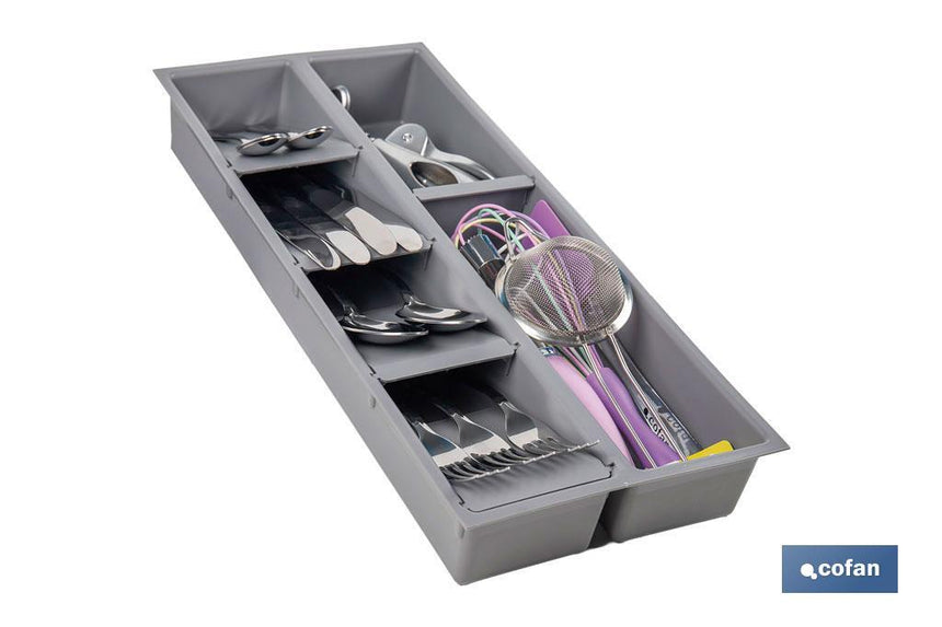 Organizador de cubiertos con separadores para cajón | Cubertero con 7 compartimentos y separadores modulares | Color: gris | Material: polipropileno