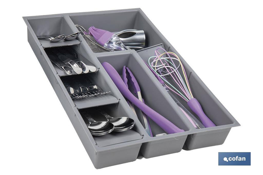 Organizador de cubiertos con separadores para cajón | Cubertero con 8 compartimentos y separadores modulares | Color: gris | Material: polipropileno