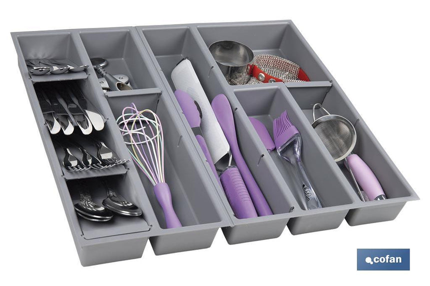 Organizador de cubiertos con separadores para cajón | Cubertero con 11 compartimentos y separadores modulares | Color: gris | Material: polipropileno