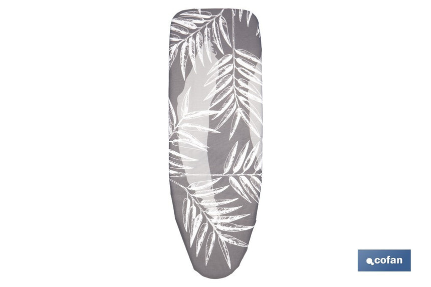 Funda acolchada para tabla de planchar | Tamaño universal | Estampado de ramas blancas | Color: gris bitonal | Material: 100 % algodón | Refleja el vapor | Medidas: 135 x 53 cm