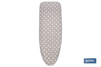 Funda acolchada para tabla de planchar | Tamaño universal | Estampado de lunares blancos y fondo gris | Material: 100 % algodón | Refleja el vapor | Medidas: 135 x 53 cm