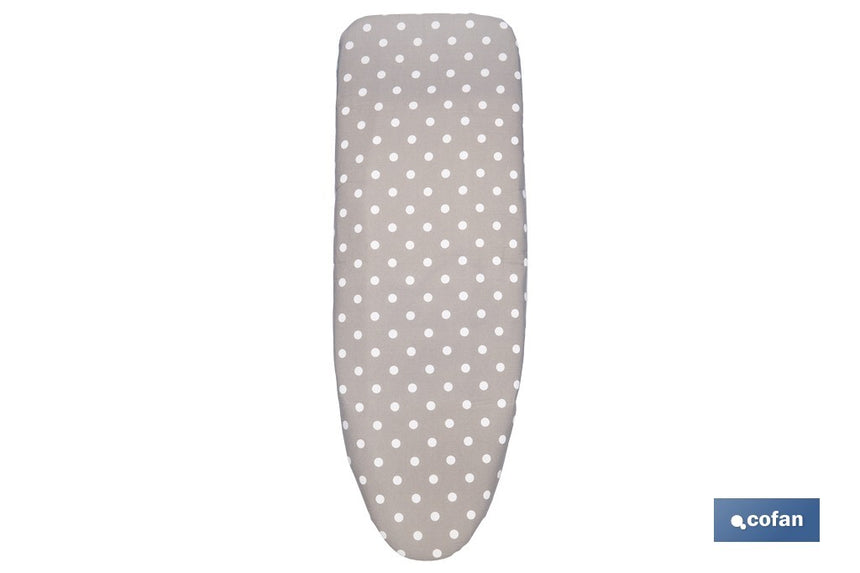 Funda acolchada para tabla de planchar | Tamaño universal | Estampado de lunares blancos y fondo gris | Material: 100 % algodón | Refleja el vapor | Medidas: 135 x 53 cm
