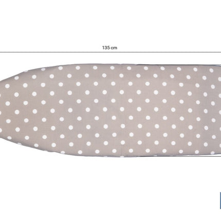Funda acolchada para tabla de planchar | Tamaño universal | Estampado de lunares blancos y fondo gris | Material: 100 % algodón | Refleja el vapor | Medidas: 135 x 53 cm