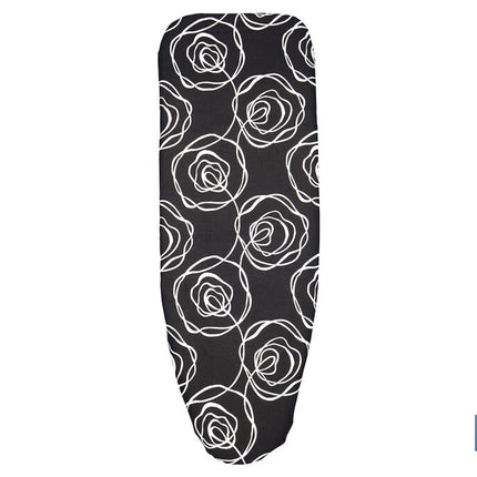 Funda acolchada para tabla de planchar | Tamaño universal con 3 capas | Estampado de rosas negras | Material: 100 % algodón | Refleja el vapor | Medidas: 135 x 53 cm