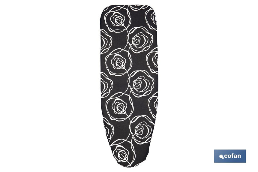 Funda acolchada para tabla de planchar | Tamaño universal con 3 capas | Estampado de rosas negras | Material: 100 % algodón | Refleja el vapor | Medidas: 135 x 53 cm