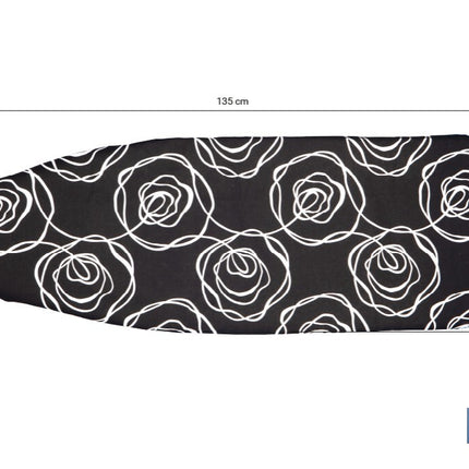 Funda acolchada para tabla de planchar | Tamaño universal con 3 capas | Estampado de rosas negras | Material: 100 % algodón | Refleja el vapor | Medidas: 135 x 53 cm