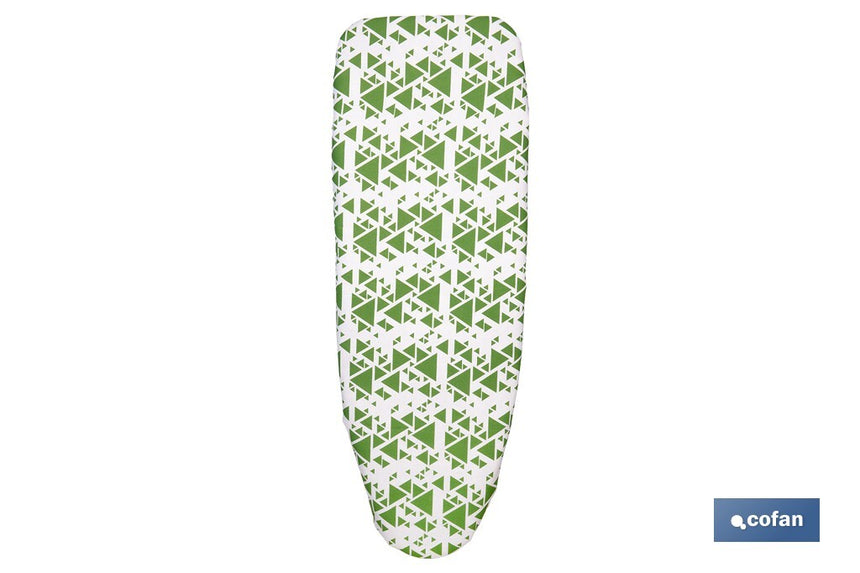 Funda acolchada para tabla de planchar | Tamaño universal | Estampado de triángulos verdes | Material: 100 % algodón | Refleja el vapor | Medidas: 140 x 60 cm