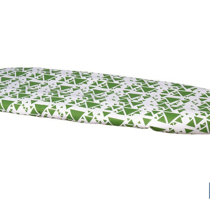 Funda acolchada para tabla de planchar | Tamaño universal | Estampado de triángulos verdes | Material: 100 % algodón | Refleja el vapor | Medidas: 140 x 60 cm