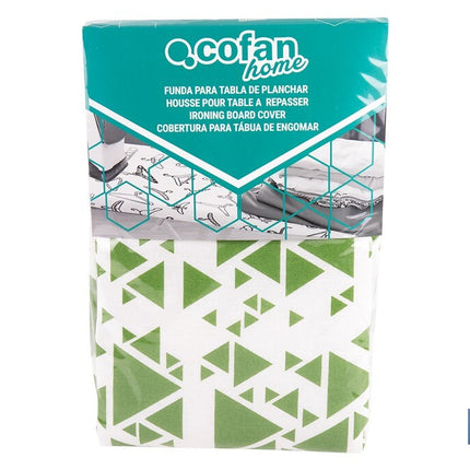 Funda acolchada para tabla de planchar | Tamaño universal | Estampado de triángulos verdes | Material: 100 % algodón | Refleja el vapor | Medidas: 140 x 60 cm