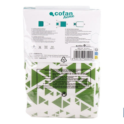 Funda acolchada para tabla de planchar | Tamaño universal | Estampado de triángulos verdes | Material: 100 % algodón | Refleja el vapor | Medidas: 140 x 60 cm