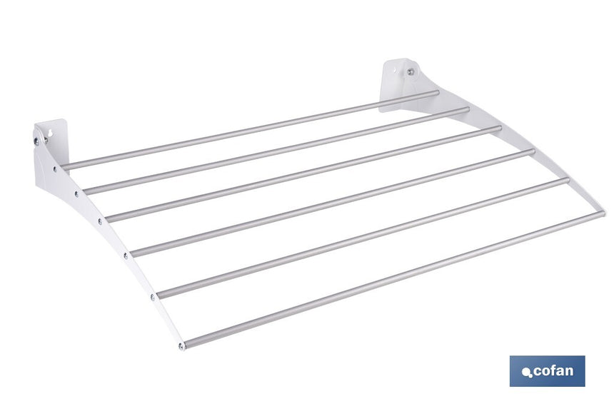Tendedero de pared abatible | 6 varillas de aluminio | Área de tendido de 4,5 m | Longitud: 75 cm | Color: blanco