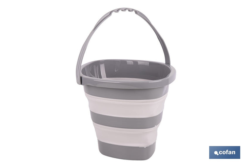 Cubo plegable con asa con 11 litros de capacidad | Color: Gris y blanco | Ahorro de espacio, fácil almacenamiento y transporte