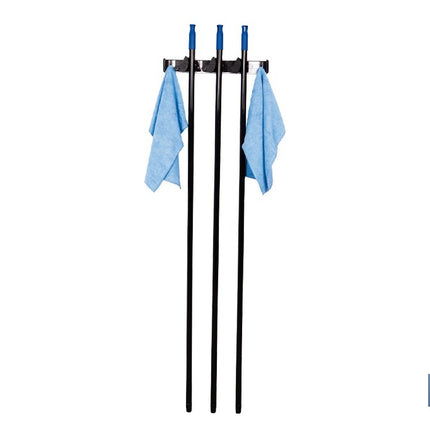 Colgador de escobas y fregonas con 3 soportes y 4 ganchos | Organizador de pared fuerte, práctico y ajustable