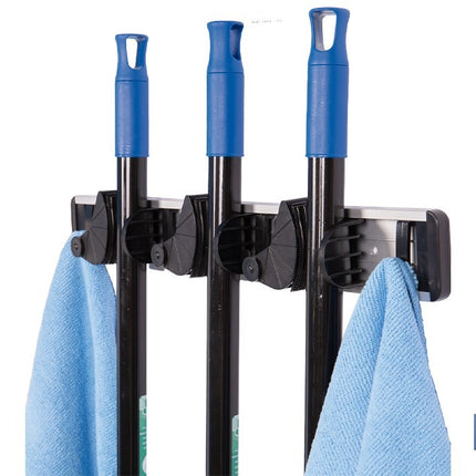 Colgador de escobas y fregonas con 3 soportes y 4 ganchos | Organizador de pared fuerte, práctico y ajustable