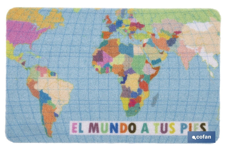 Felpudo entrada El mundo a tus pies | Adecuado para interior y exterior | Material resistente | Base antideslizante | Diseño con mapamundi | Medidas: 40 x 60 cm